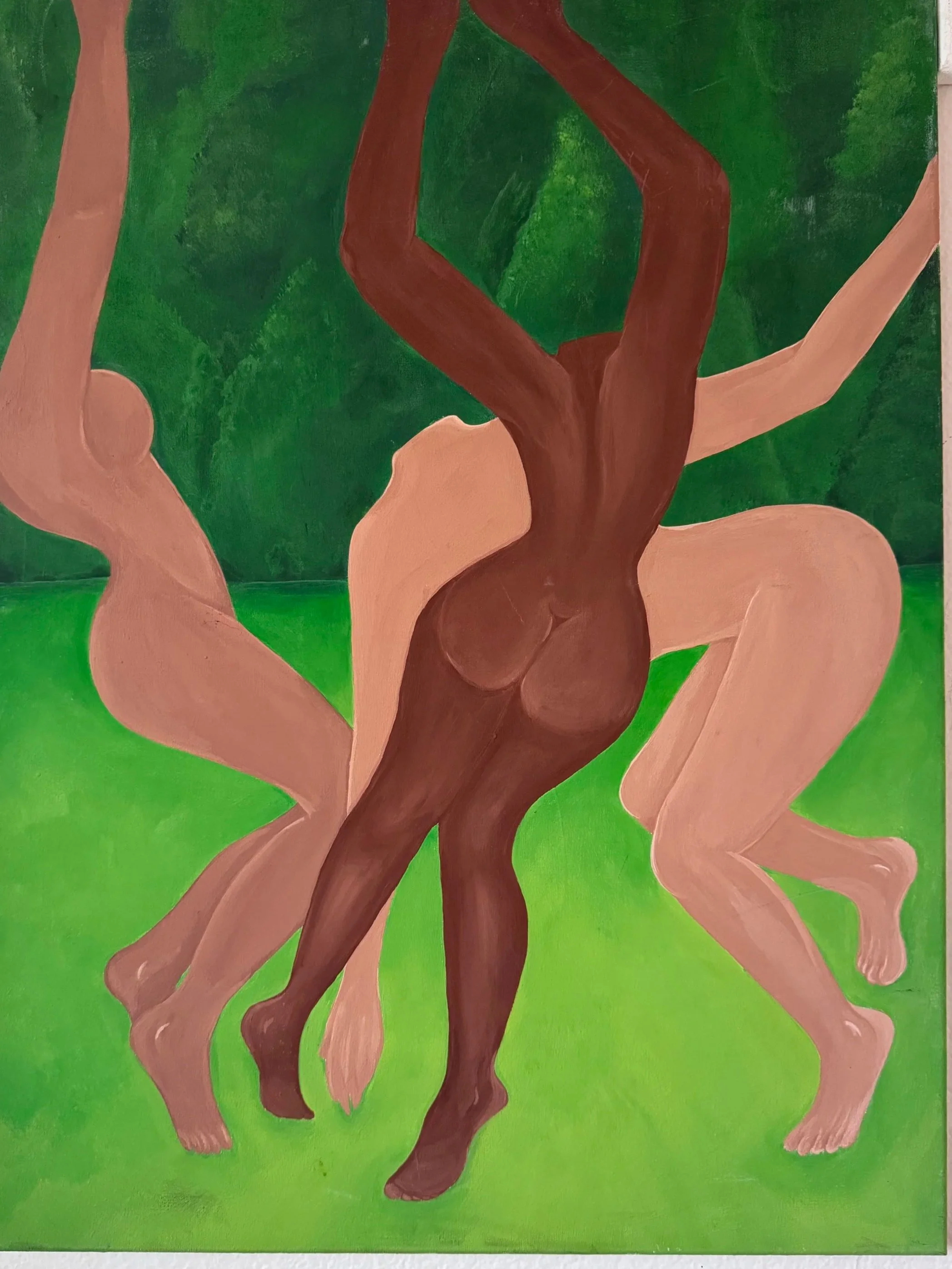 A painting of three nude women with intertwined bodies in a green forest background.