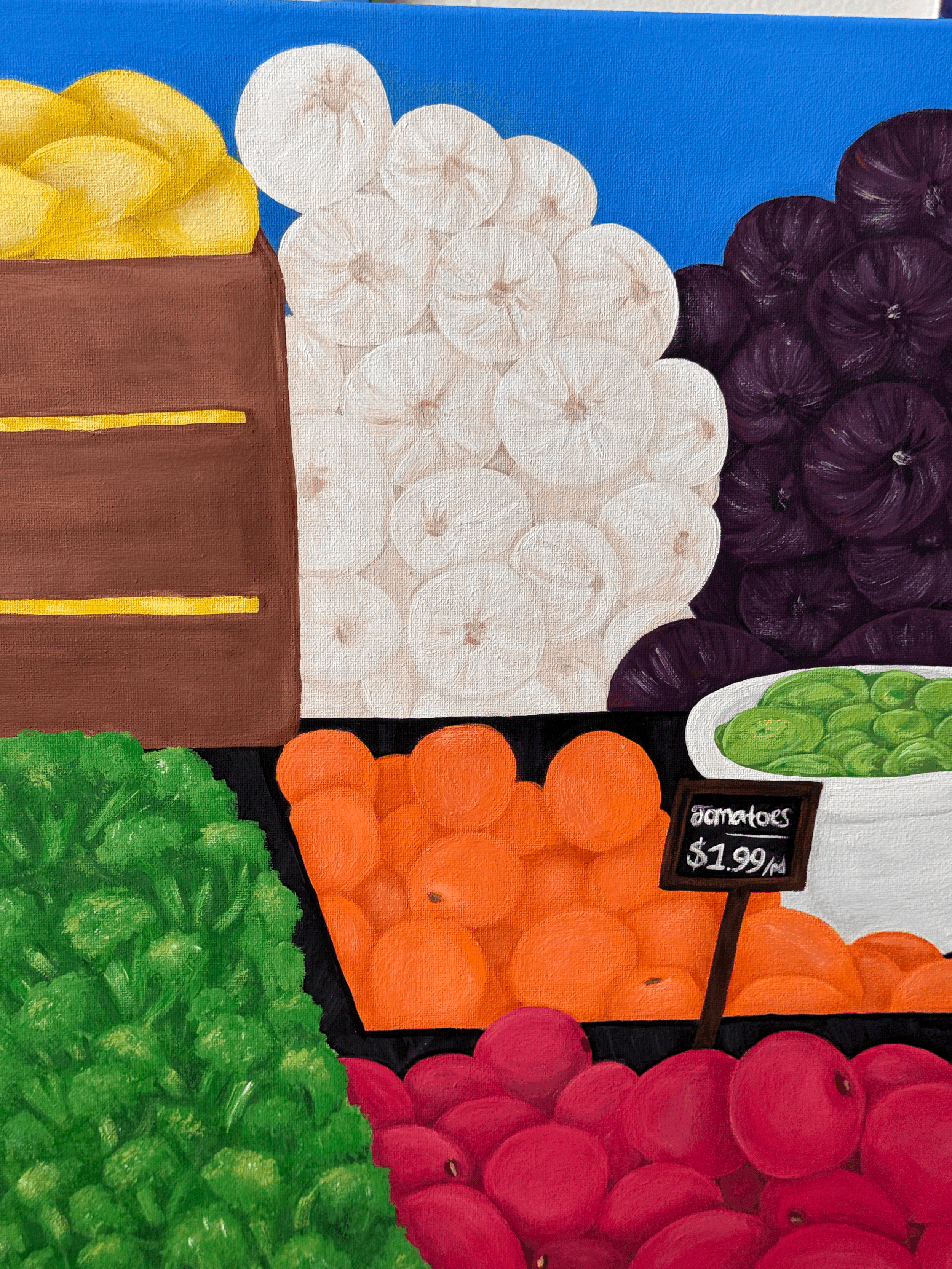 the market by corrine rogers an acrylic painting of fruits and vegetables with colors like green, orange, yellow and purple.