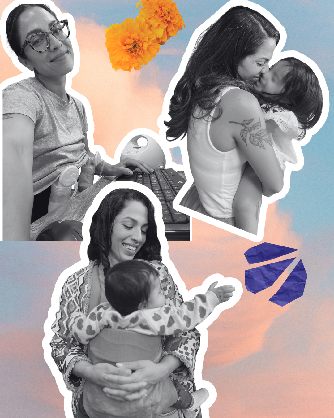 Collage of mother with her child and flowers against a pastel sky background. Black and white images with cut-out style, some elements colored.