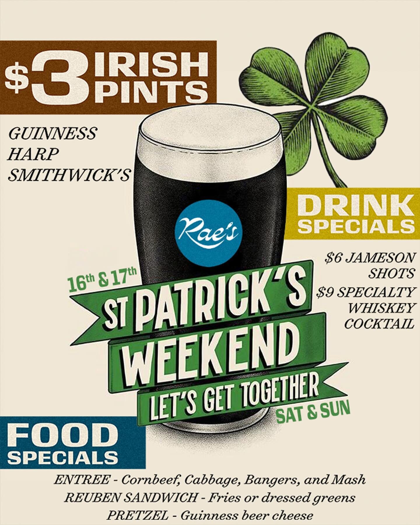 Kegs are flowing this weekend at Rae&rsquo;s! We have our favorite Irish brews on tap for ONLY $3 A PINT (and yes this does include Guinness! 🍀)

Our Chefs have perfected their favorite recipes just for the occassion, including a Reuben with house-m