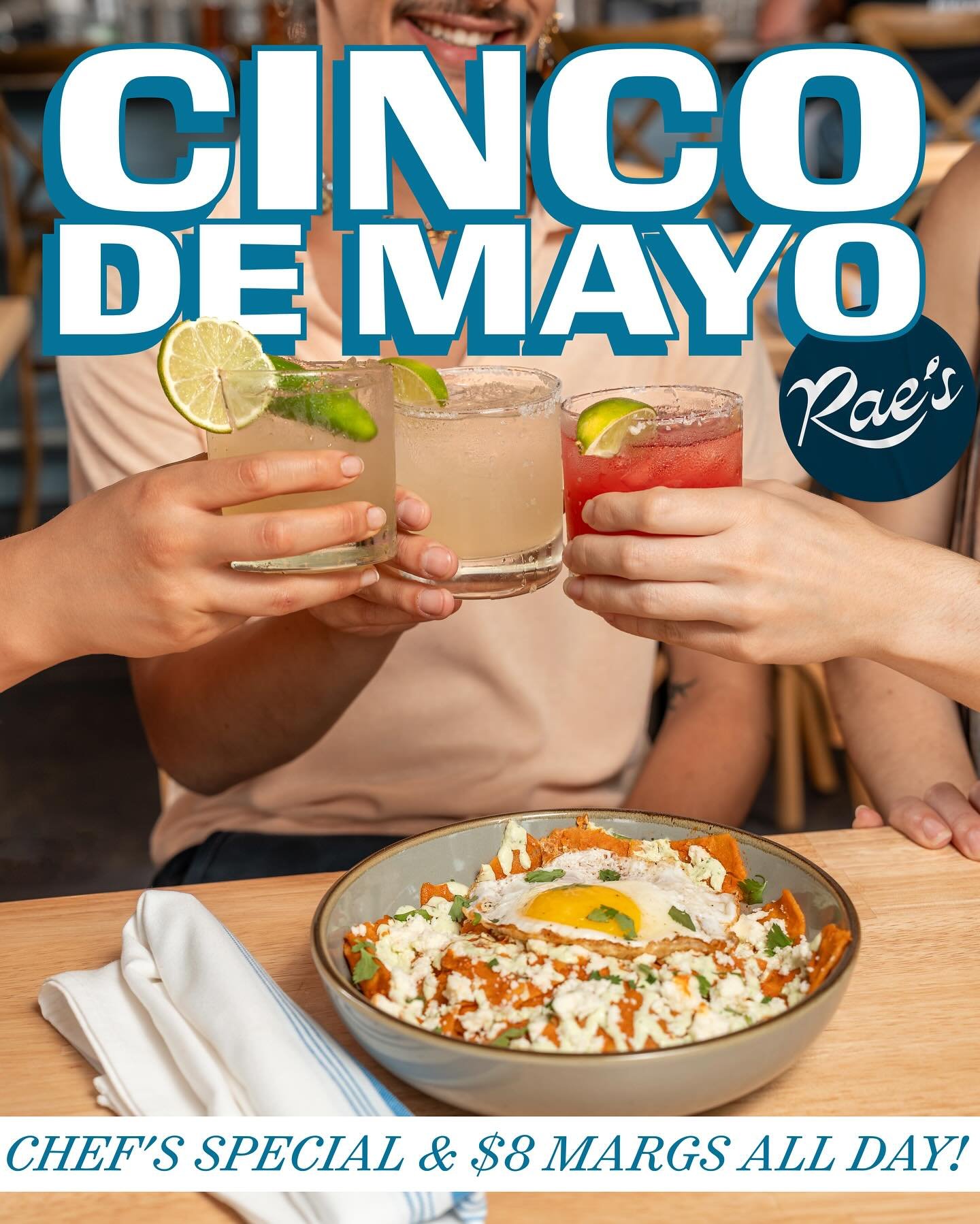 Shake up your Cinco de Mayo at Rae&rsquo;s with our Chef&rsquo;s Special &amp; All Day Marg Special this Sunday 🍋&zwj;🟩

Our chefs have been hard at work perfecting  Chilaquiles, a traditional Mexican dish with chips, salsa, and topped with a fried