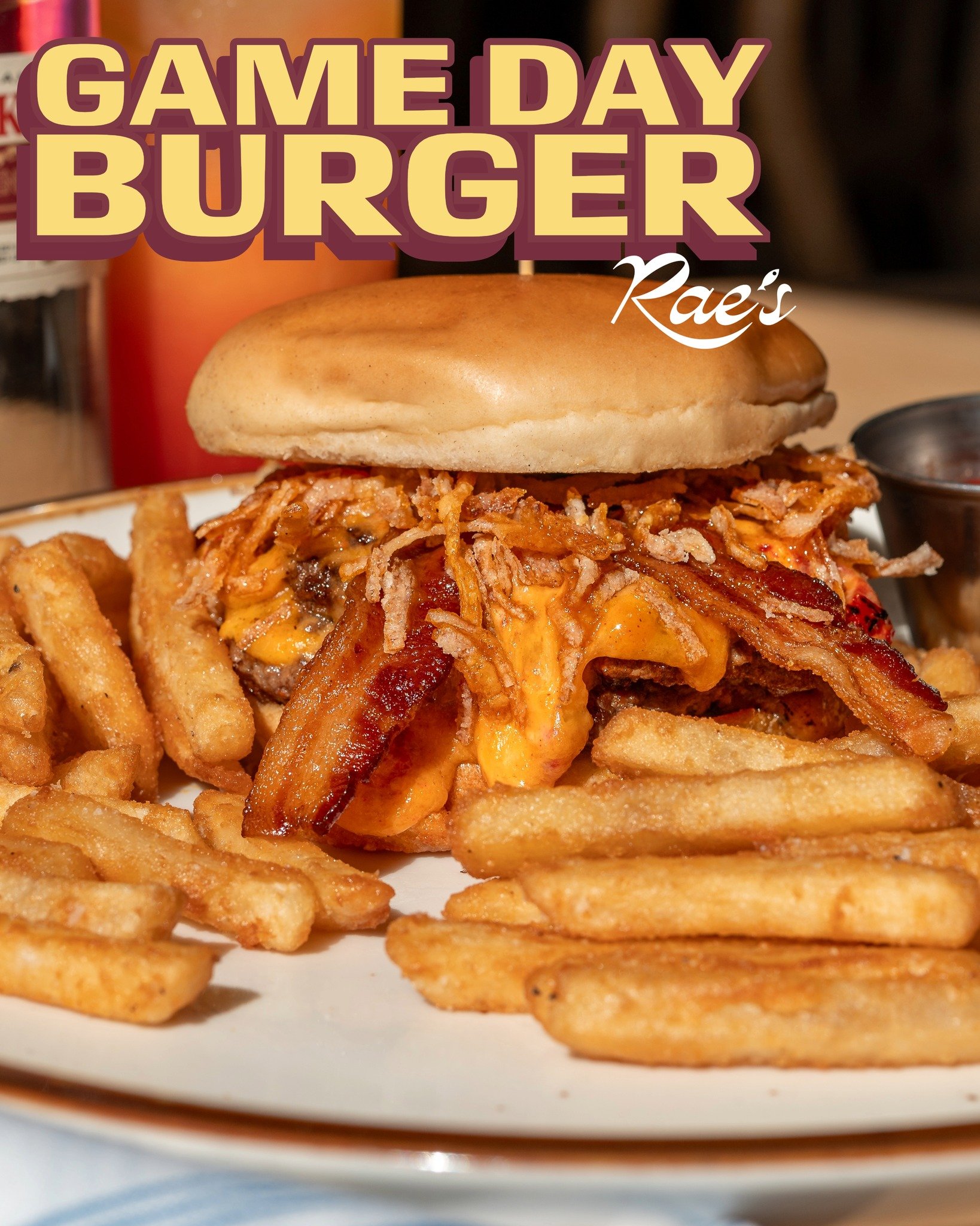It's game day! Come watch the game with us and grab a Game Day Burger! Available ONLY on game days along with some great draft specials. Don't forget, we also have Happy Hour from 3pm-6pm today!

Pictured: Game Day Burger
2 smash patties / Pimento ch