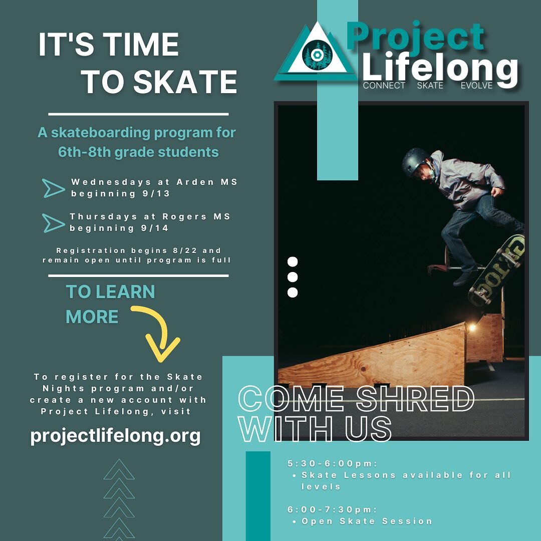 Happy Friday! 

Registration for 6th, 7th, and 8th graders is now open for Fall Skate Nights at Arden and Will Rogers Middle Schools. Sign up today at projectlifelong.org/registration

We can&rsquo;t wait to skate with you soon!