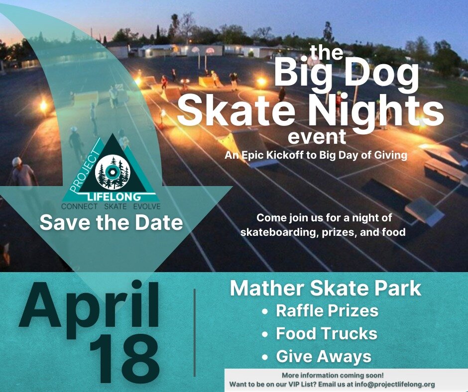 🚀 Exciting News Alert! 🚀

Get ready to roll into a day of awesomeness at Mather Skate Park with Project Lifelong! 🛹✨

📅 Mark your calendars for April 18th, 2024 - it's the Big Day of Giving Kickoff Event, and we're turning Mather Skate Park into 