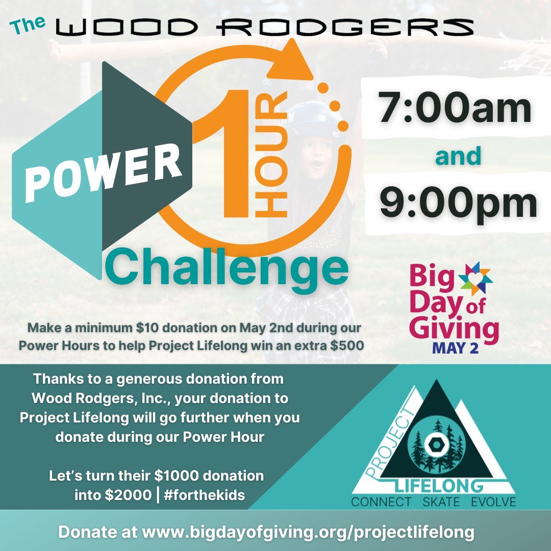 Big Day of Giving is this Thursday, May 2nd. We are working hard to make our $50,000 goal.

You can help boost our donations by jumping into action during one of our two Wood Rodgers Power Hour Challenges scheduled for #BDOG2024.

Your donation made 