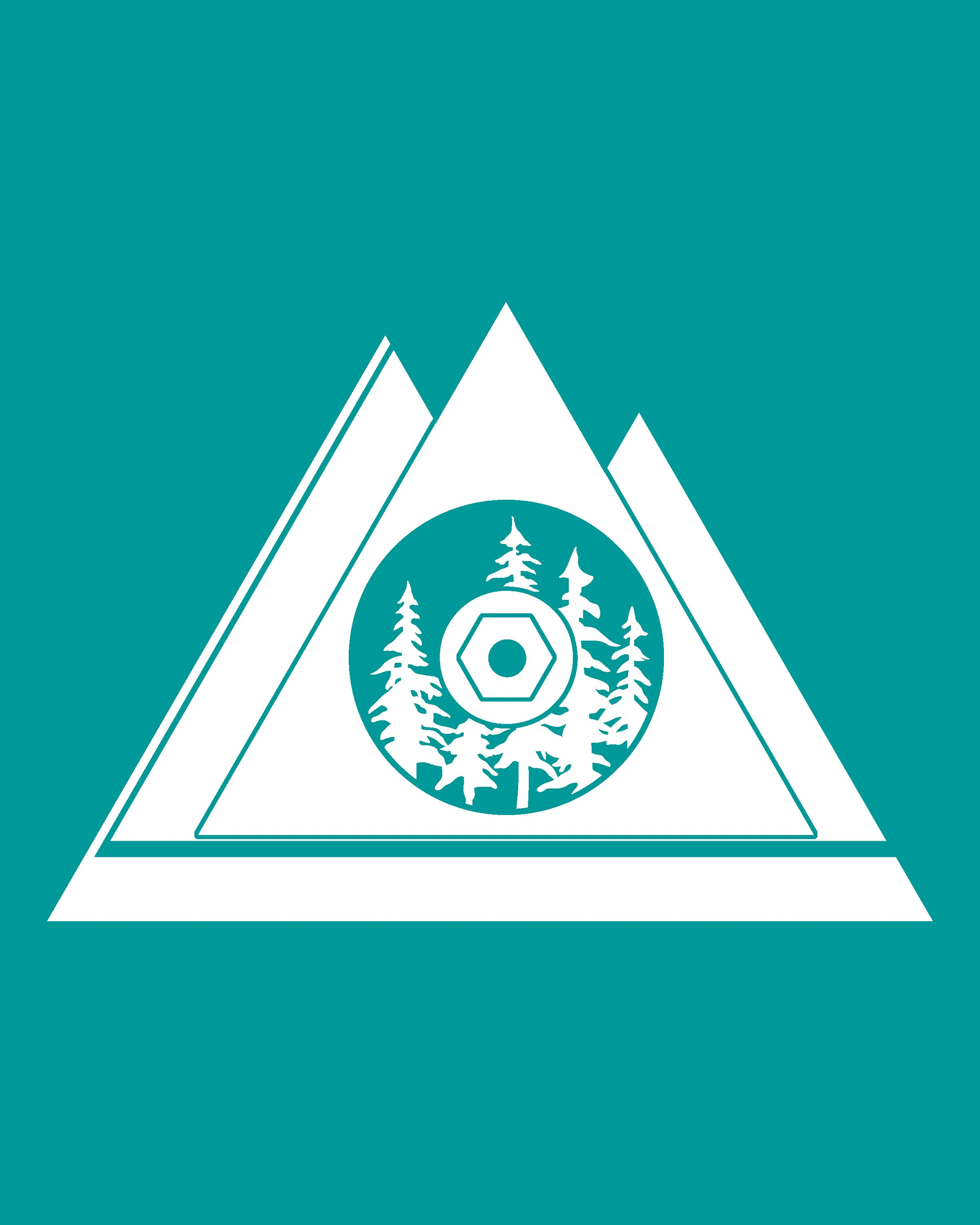 A stylized white triangular forest and gear emblem on a teal background.