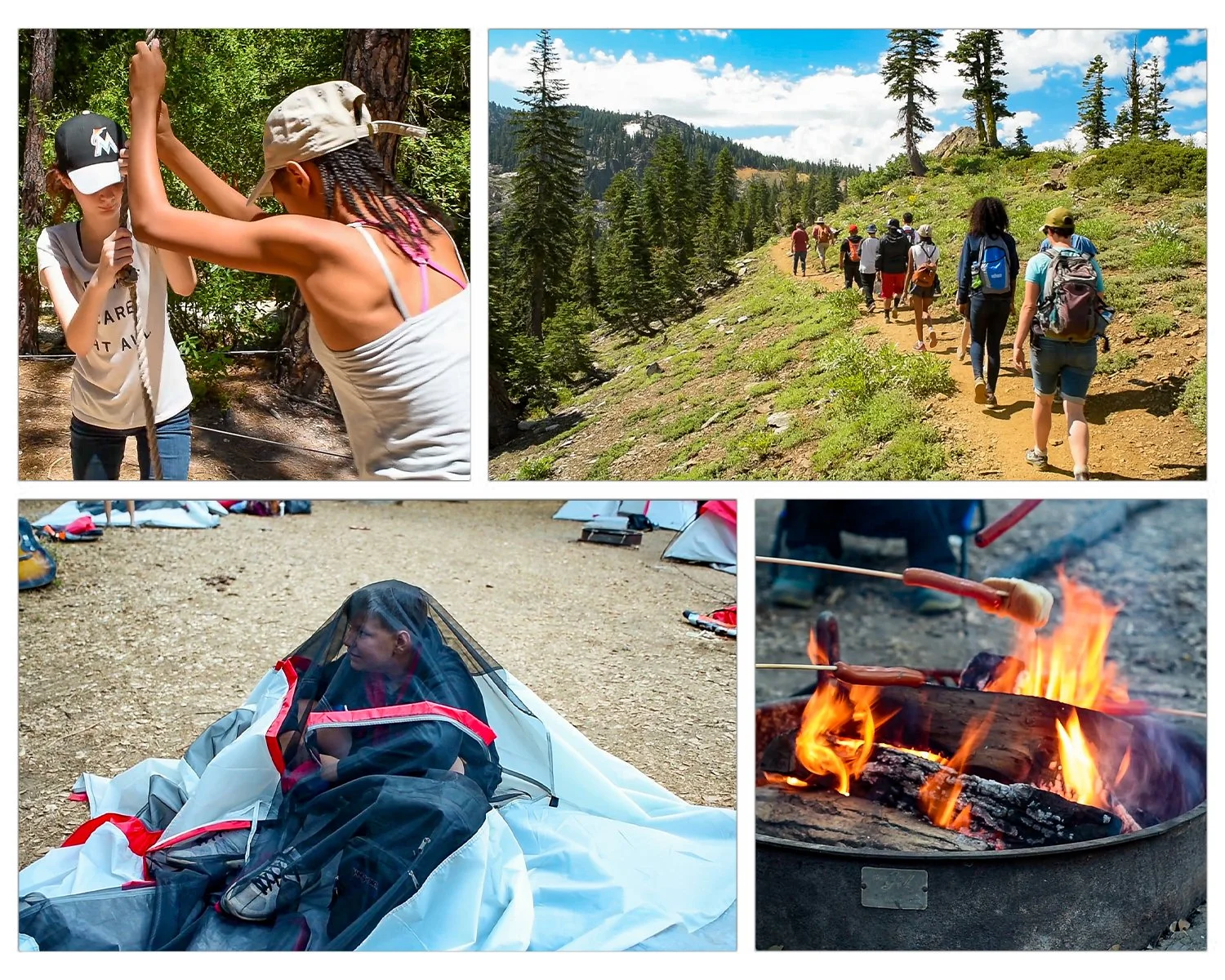 Collage of outdoor activities: two girls building a campfire in the woods, a group of hikers walking up a mountain trail with trees and sky, a child inside a tent on a dirt ground, and a close-up of marshmallows roasting over a campfire.
