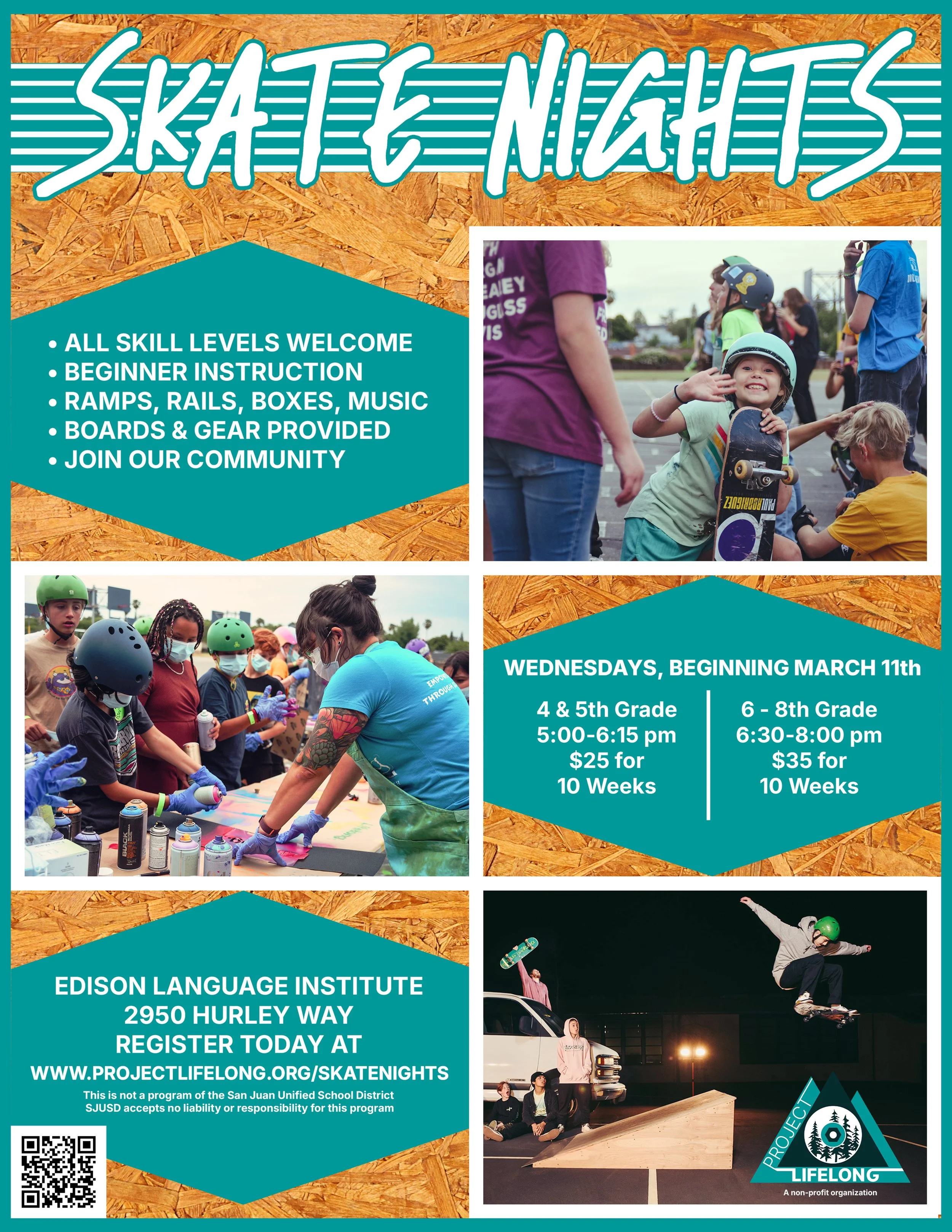 Flyer for Skate Nights showing images of children skateboarding and skating activities, event details, schedule, location, and registration information.