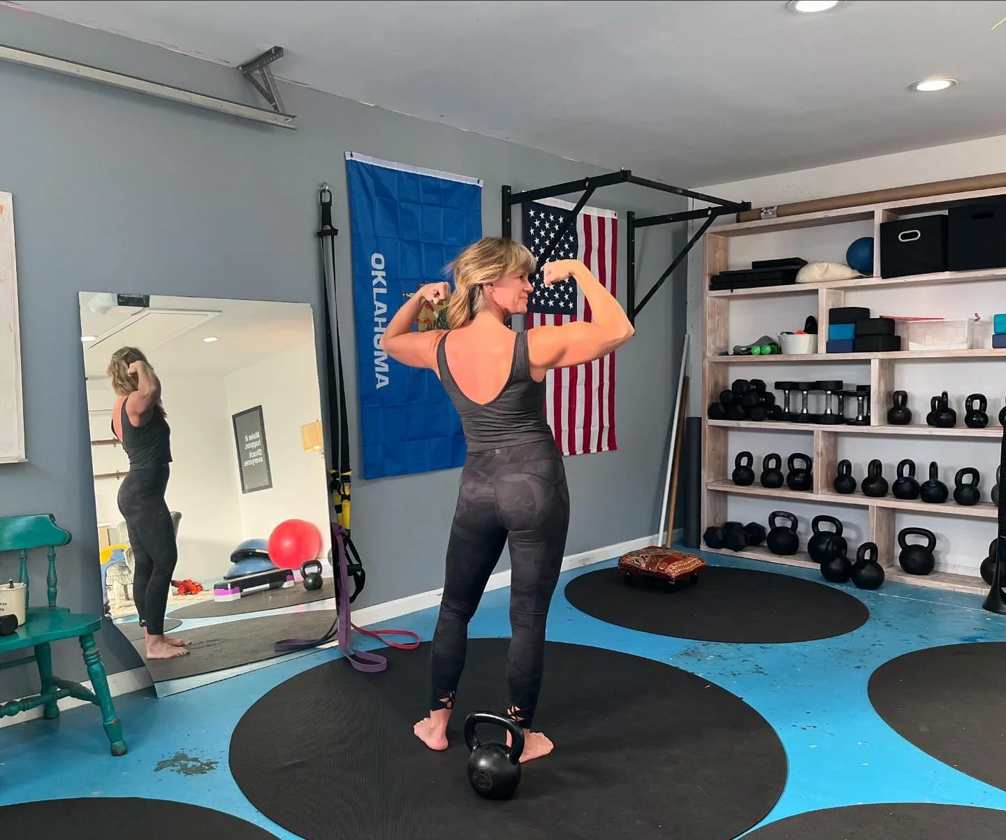 Back work in the studio!!!! You can do it all with kettlebells, couple of dumbbells and a pull-up bar!
5 different but very complimentary PULLS:
Chin-ups 
Gorilla row
Wide bent over row
Upright row
*Finished with a metcon of kb cleans…which