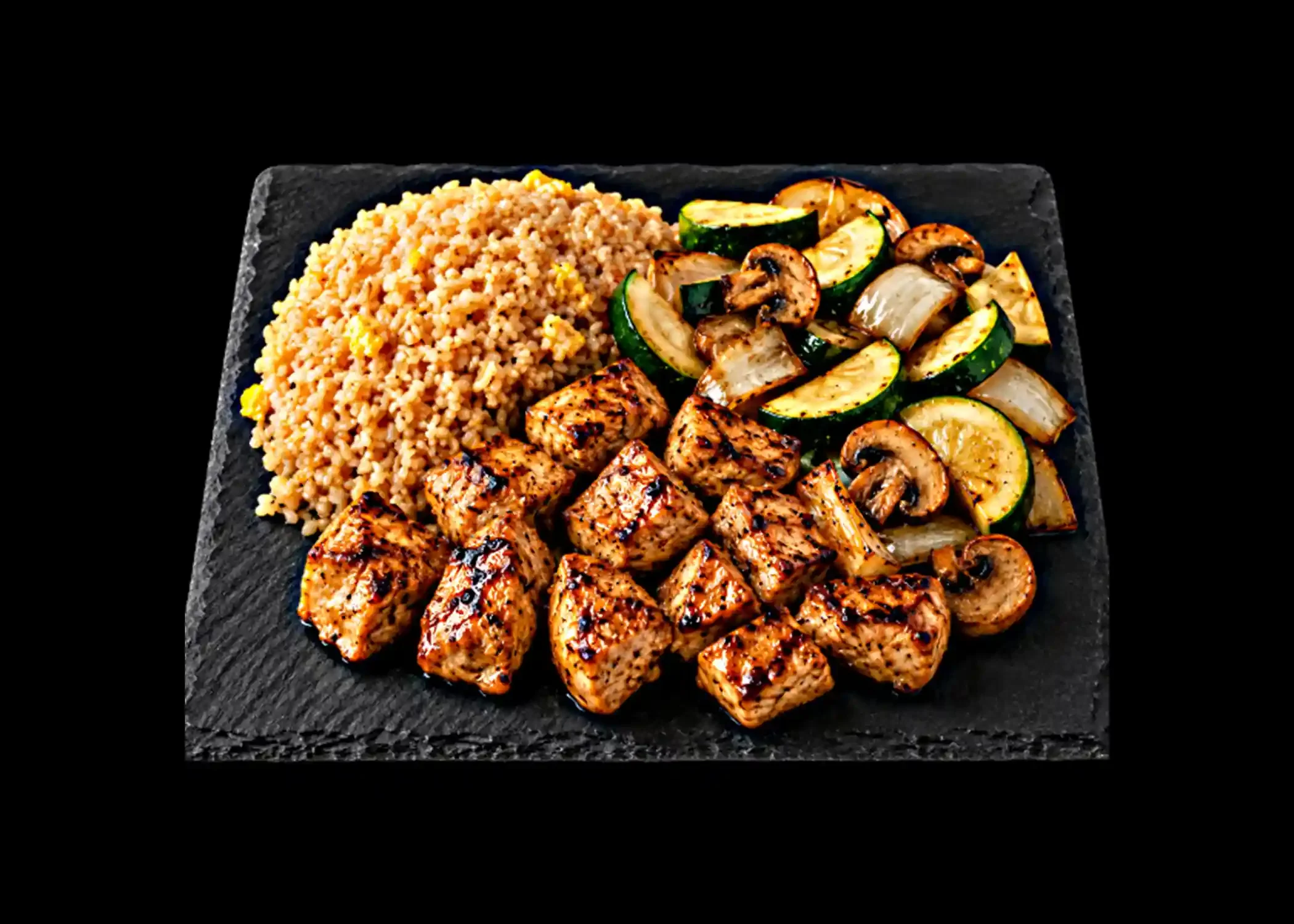 Lunch hibachi plate with grilled chicken, fried rice, and sautéed zucchini, onions, and mushrooms on a black slate plate.