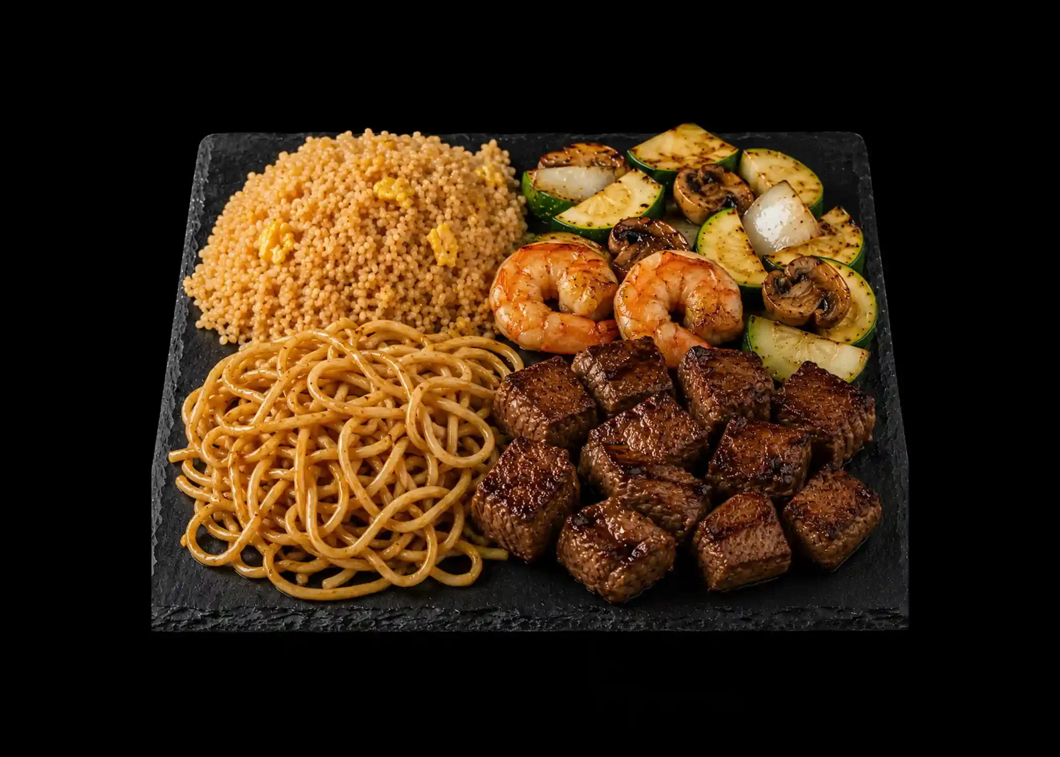 A black rectangular plate holding cooked couscous, grilled shrimp, beef chunks, stir-fried noodles, and grilled vegetables including zucchini, onion, and mushrooms.