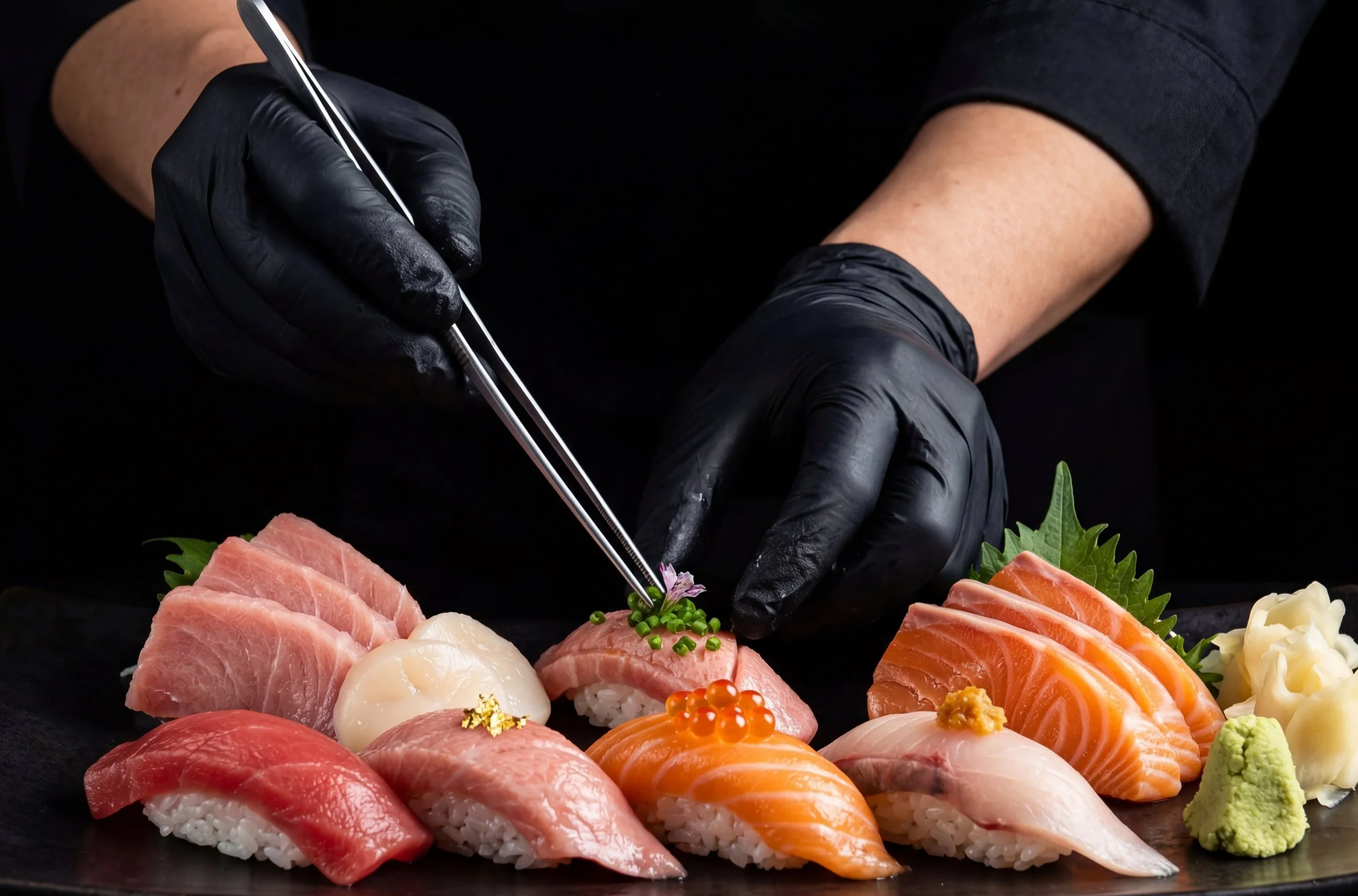 A vibrant, beautifully plated assortment of fresh premium nigiri and sashimi, including salmon and yellowtail, served at Mito Hibachi and Sushi in Warren, MI.