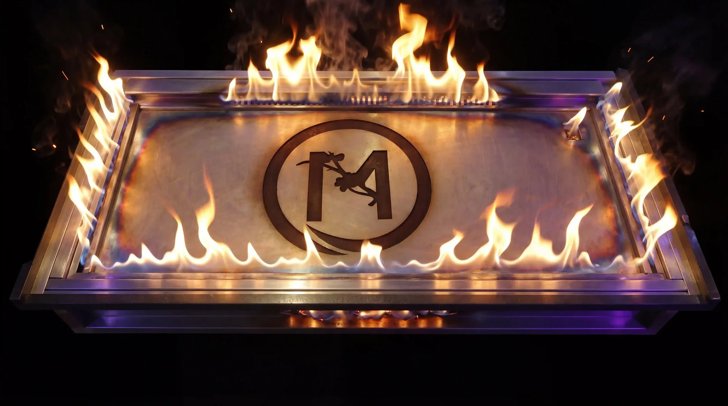 Mito-hibacFlames on a hibachi grill with the Mito logo at Mito Hibachi & Sushi, a Japanese steakhouse in Warren, Michiganhi-sushi-voted-best-warren