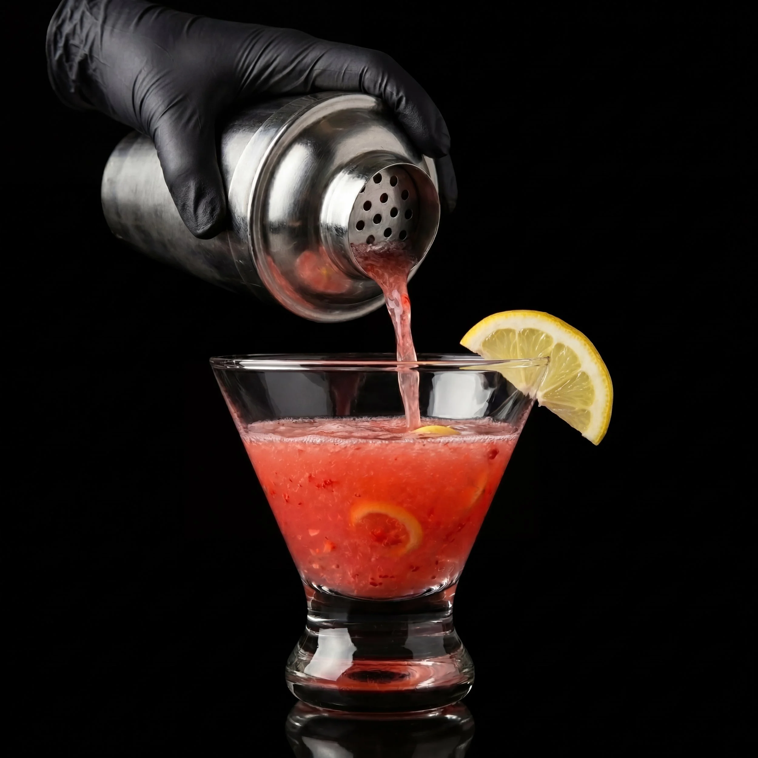 between each word "Pouring a brightly colored lemon drop martini into a glass. Lemon drop martini cocktail poured from a silver shaker.