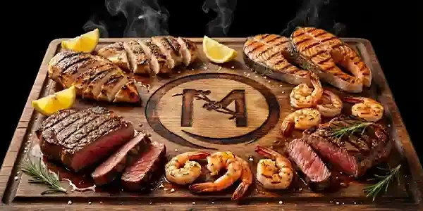 A delicious hibachi spread featuring grilled chicken, premium filet mignon, fresh salmon, and mixed seafood at Mito Hibachi in Warren, MI.
