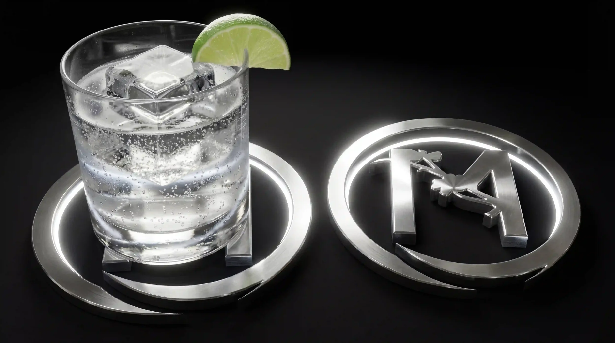 A crisp, refreshing premium mixed drink poured generously over crystal-clear ice in a classic rocks glass, radiating a cool, thirst-quenching vibe.