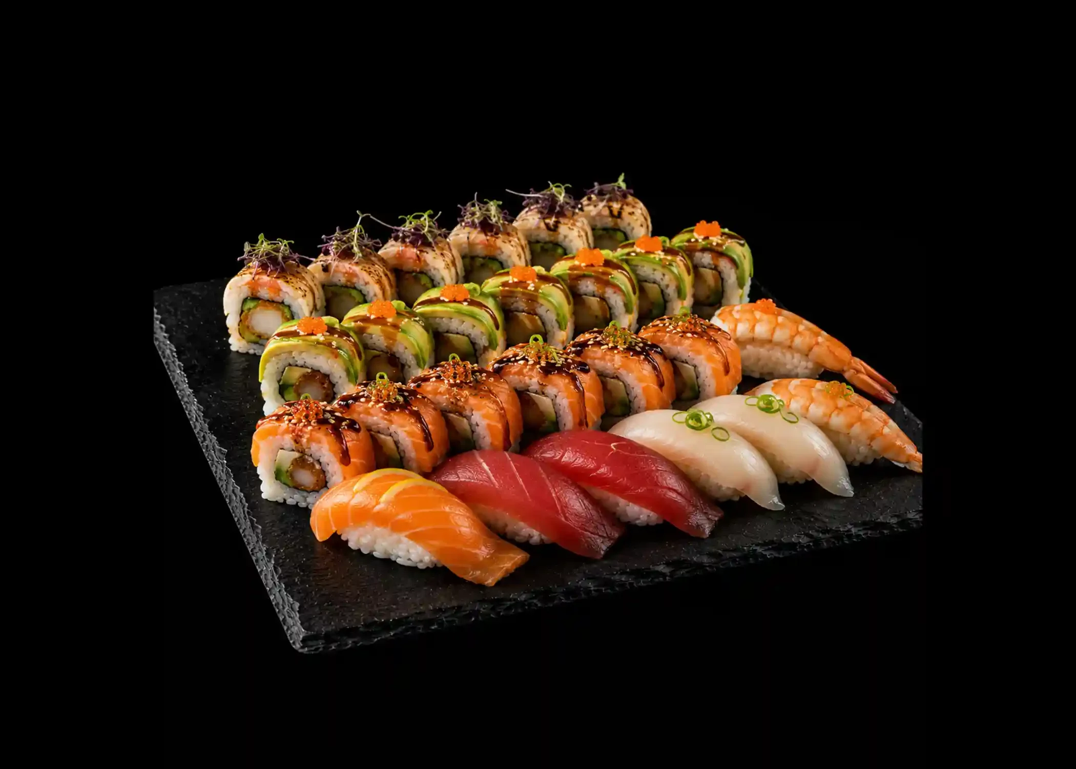 Assorted sushi platter with specialty rolls and nigiri at Mito Hibachi & Sushi in Warren, Michigan.