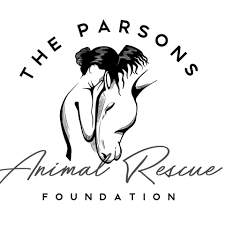 Logo for The Parsons Animal Rescue Foundation featuring a silhouette of a pregnant woman with long hair, surrounded by the foundation's name and a cursive tagline.