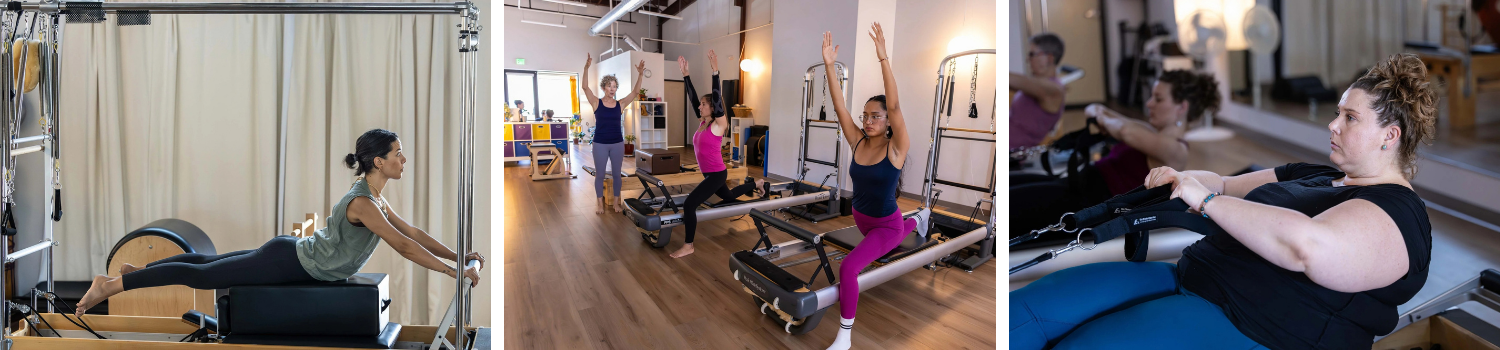 A collage of three photos showing women participating in Pilates and fitness classes, including Pilates reformer exercises and mat workouts in a well-lit gym studio.