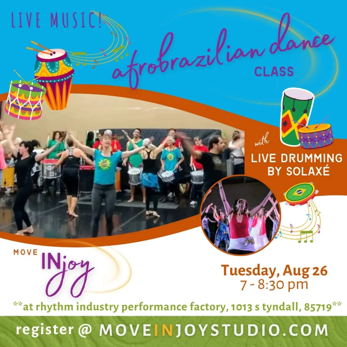 Dance class with live drumming by @solaxetucson August 26 at Rhythm Industry Performance Factory!
https://moveinjoystudio.com/events/dance-class-solaxe