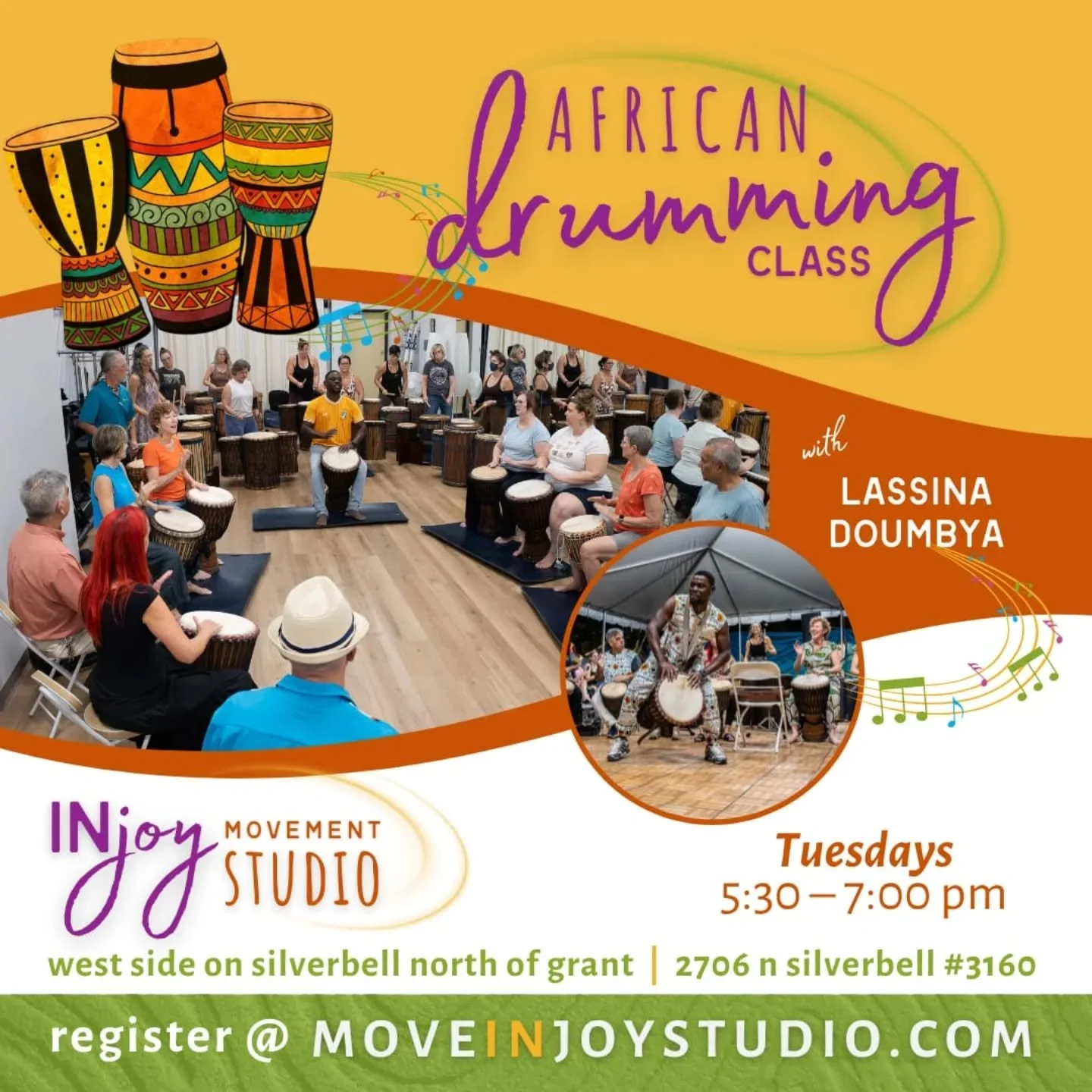 African Drumming class with @lass.joy on Tuesday at 5:30pm!🎶🌟🙌