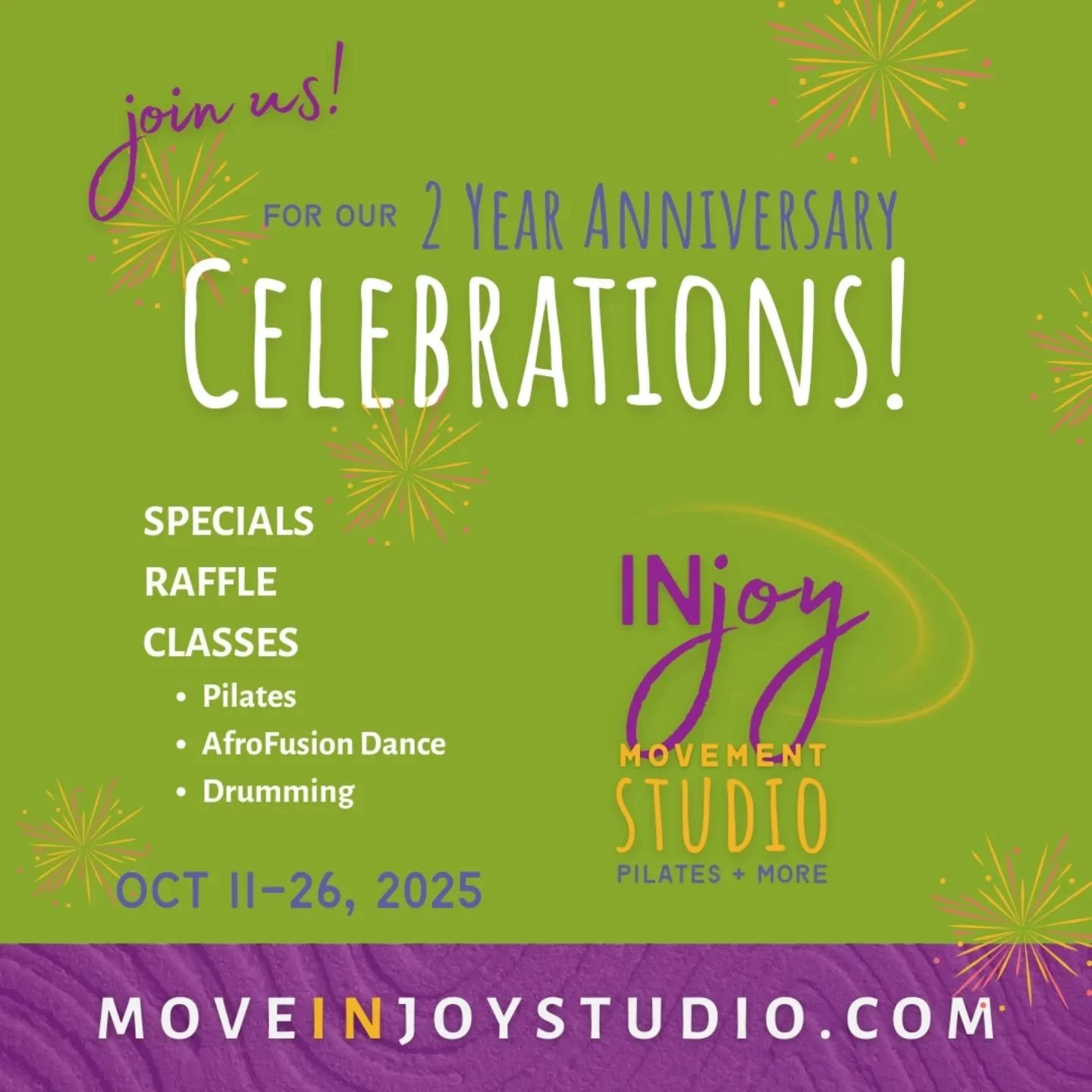 🙌Two more days to enter the INjoy Movement Studio anniversary celebration drawing! 
💪Gain entries by coming to classes!
 
👏Win free t shirts, pilates socks, classes and big discounts on immersions!!