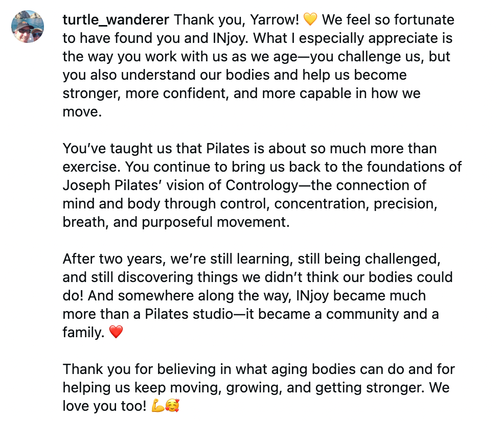 Screenshot of a social media post expressing gratitude and appreciation for Yarrow, highlighting the positive impact of Pilates and the community at INjoy.