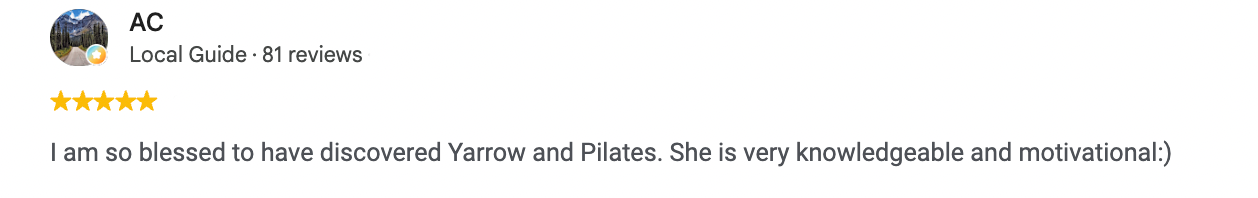 A review from a local guide named AC with 81 reviews, giving a five-star rating, mentioning Yarrow and Pilates.