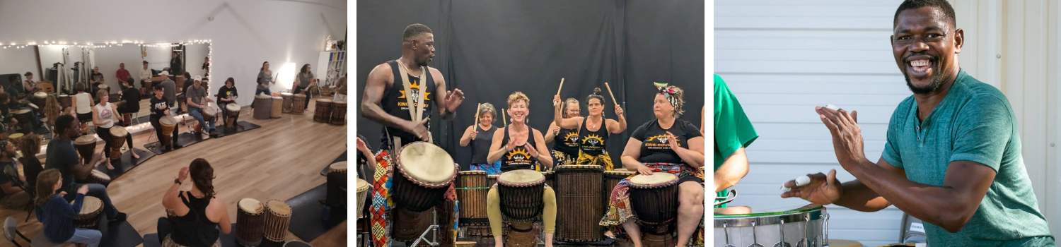 People participating in a drum circle, including a man leading the group and others playing drums, in a room with a white wall and a person in the background, and people in a studio with doors and string lights.