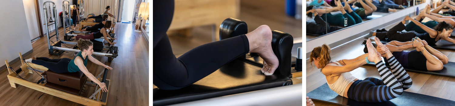 People participating in a Pilates class in a fitness studio, using reformer machines, performing stretches on mats, with mirrors on the wall.