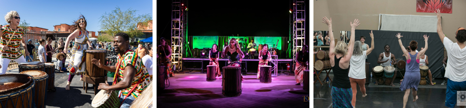 Three different scenes featuring African music and dance. The first scene shows people playing drums outdoors at a community event. The second scene depicts women playing drums on stage in a concert setting with colorful lighting. The third scene features a dance class or workshop with people dancing and a musician playing drums.