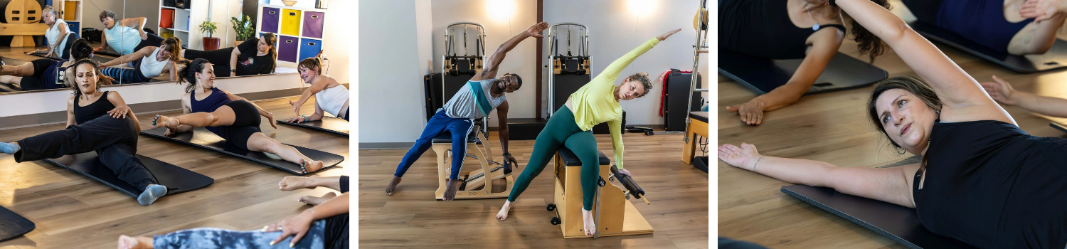 People participating in a group yoga or stretch class in a fitness studio, lying on mats and doing various stretches and poses.