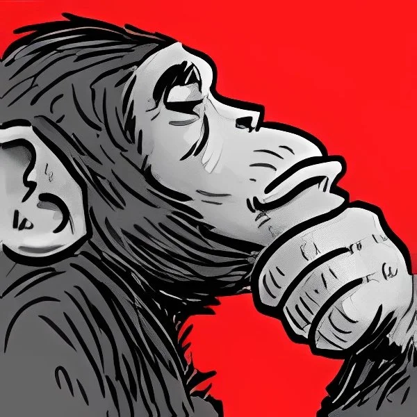A stylized drawing of a chimpanzee, resting their chin on their hand, against a red background. The official logo of Alphachimp LLC.
