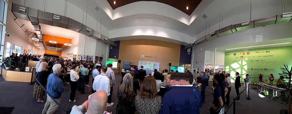 A panorama photo of the crowd at the Greentown Labs March 2026 Transition on Tap event.