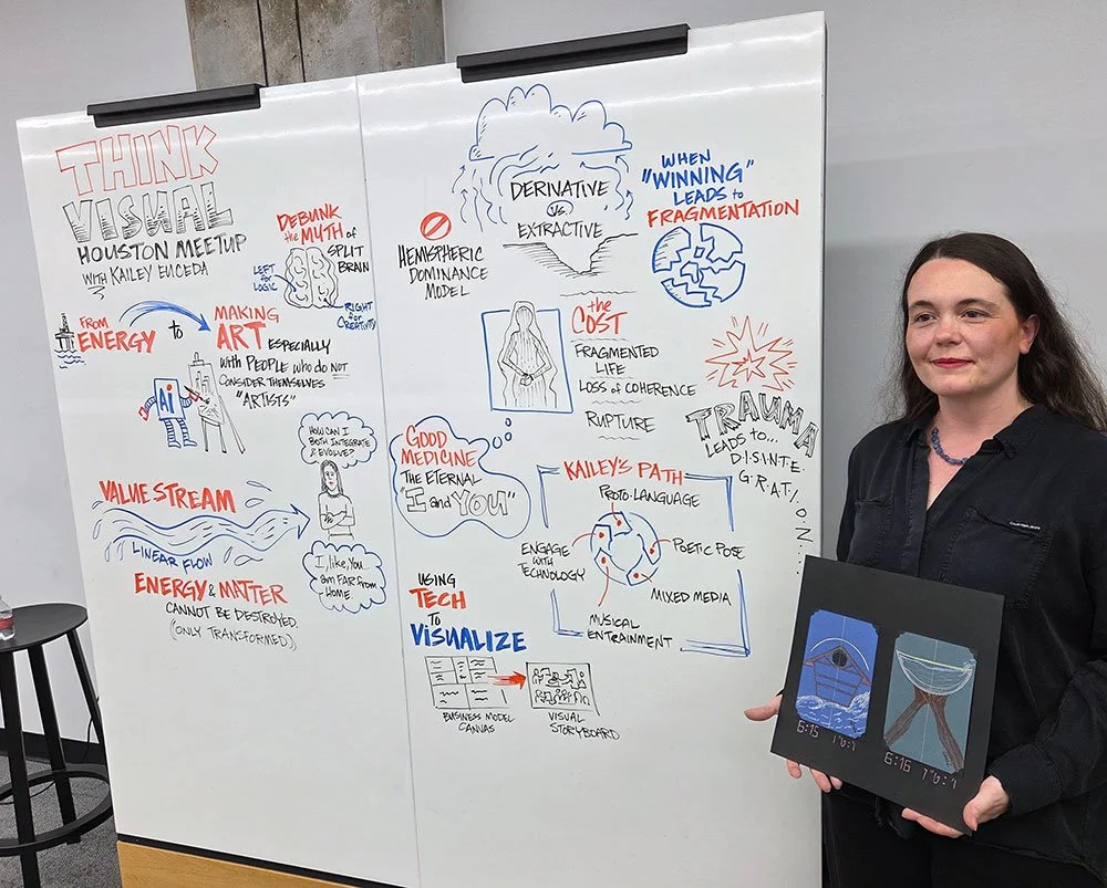 Kailey Euceda posing in front of a whiteboard filled with visual notes.