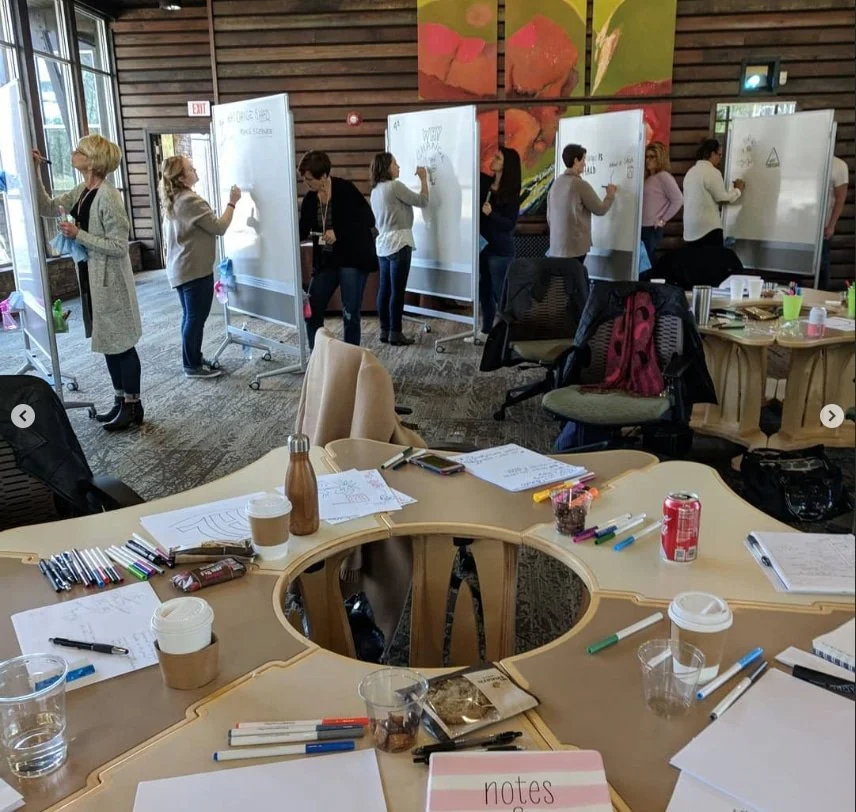 Workshop or classroom setting with multiple people writing on whiteboards. The tables in the foreground have notebooks, pens, snacks, drinks, and notes labeled 'notes'.