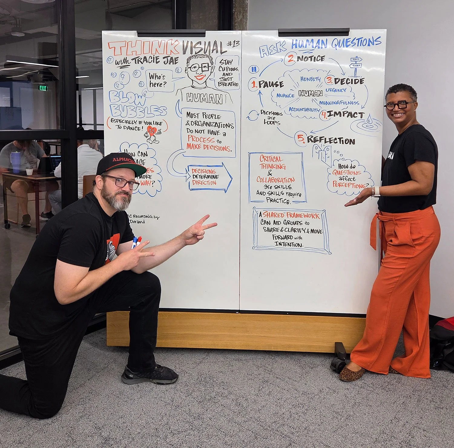 Think Visual Houston Meetup host, Peter Durand and speaker, Tracie Jae, pose with the whiteboard visual notes from her presentation.