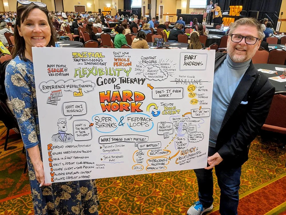 Speakers on suicide prevention posing with visual notes created by Peter Durand titled “Good Therapy is Hard Work“
