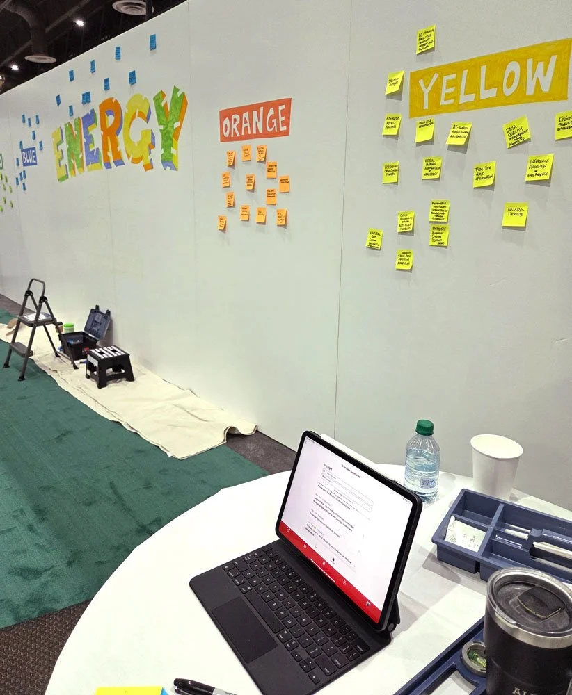 A photo showing the systhesis wall in progress with an iPad displaying AI sysnthesized notes from concurrent stage presentations.