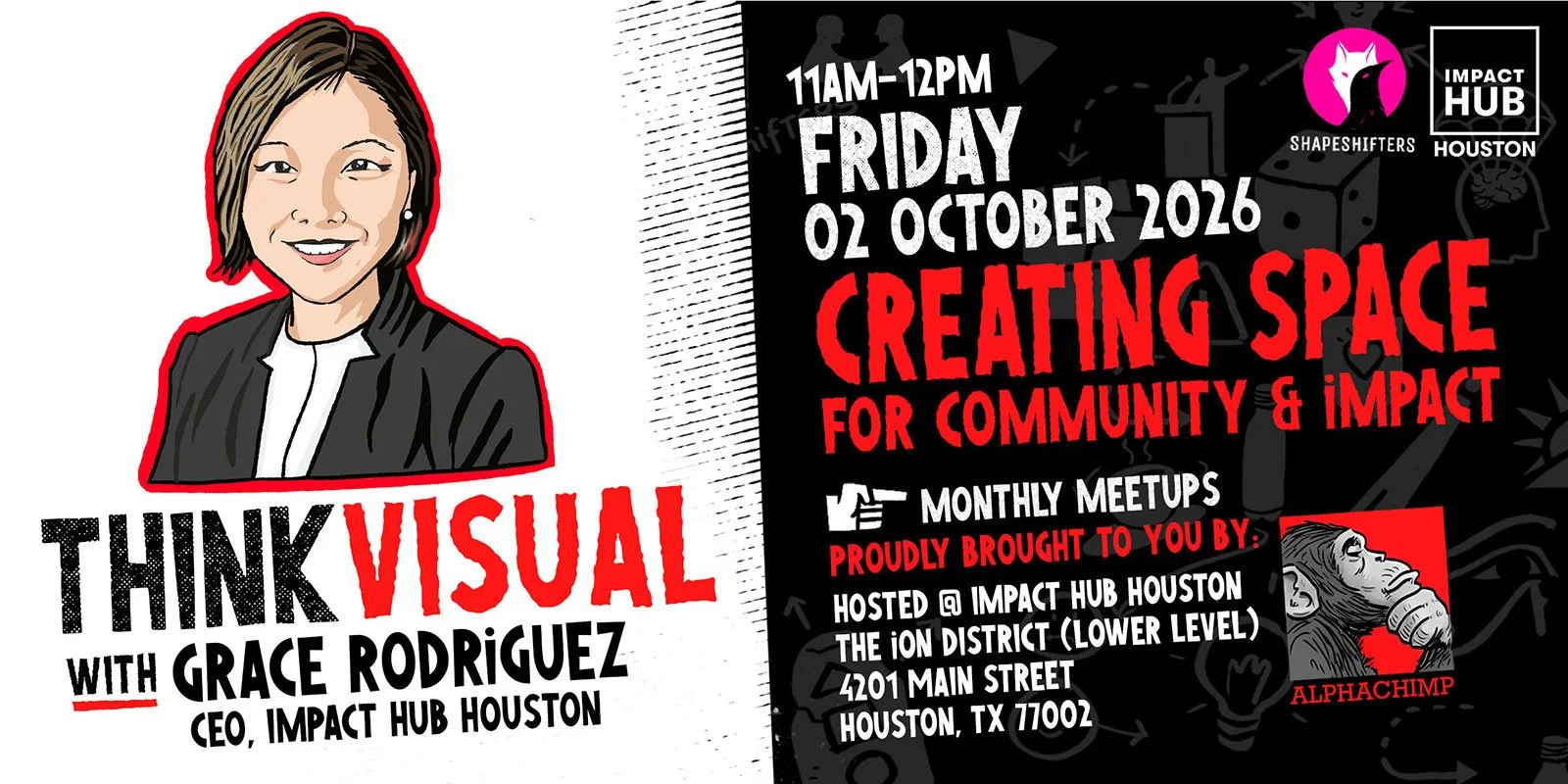 Black, white, and red illustrated banner for the Think Visual Meetup with Grace Rodriguez