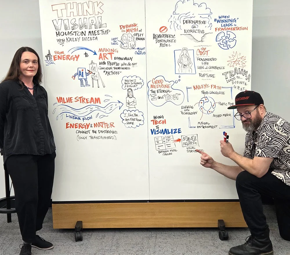 Peter Durand and speaker Kailey Euceda posing in fron of a whiteboard filled with visual notes.