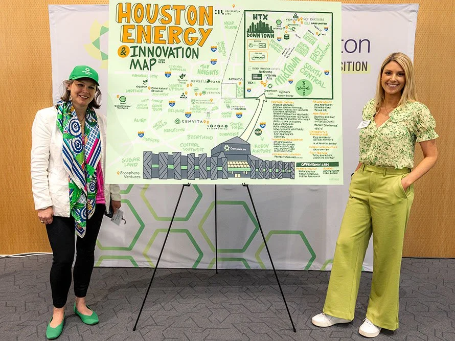 The leadership of Greentown Labs posing with the Houston Energy & Innovation Map created by Alphachimp.