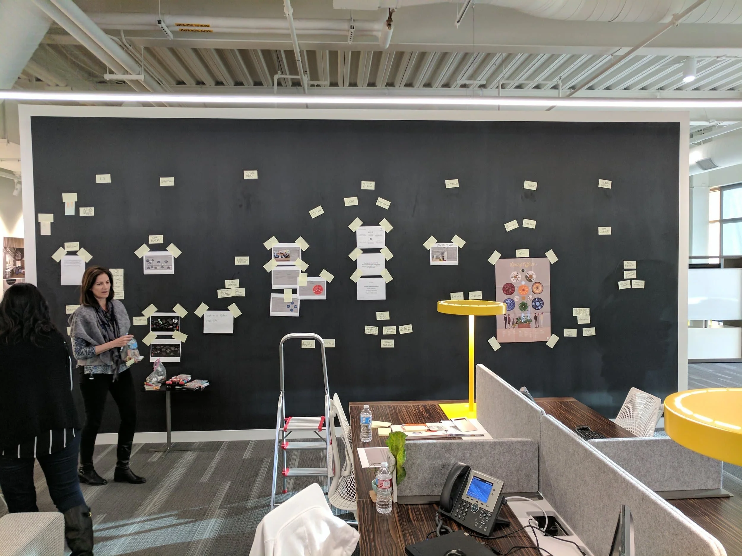 The chalk wall at Pivot Interiors with sticky notes aand printouts taped to it. Throughout the afternoon, leaders and designers contributed their input to the “story wall.”