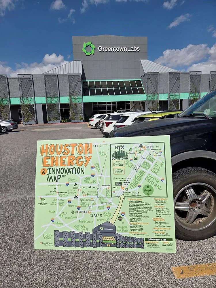 The Houston Energy & Innovation Map in front of the building housing Greentown Lab Houston.