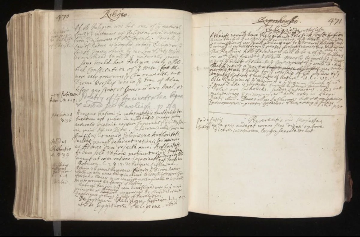 A photo from Yale University Library of Robert Southwell's Commonplace Book c. 1653