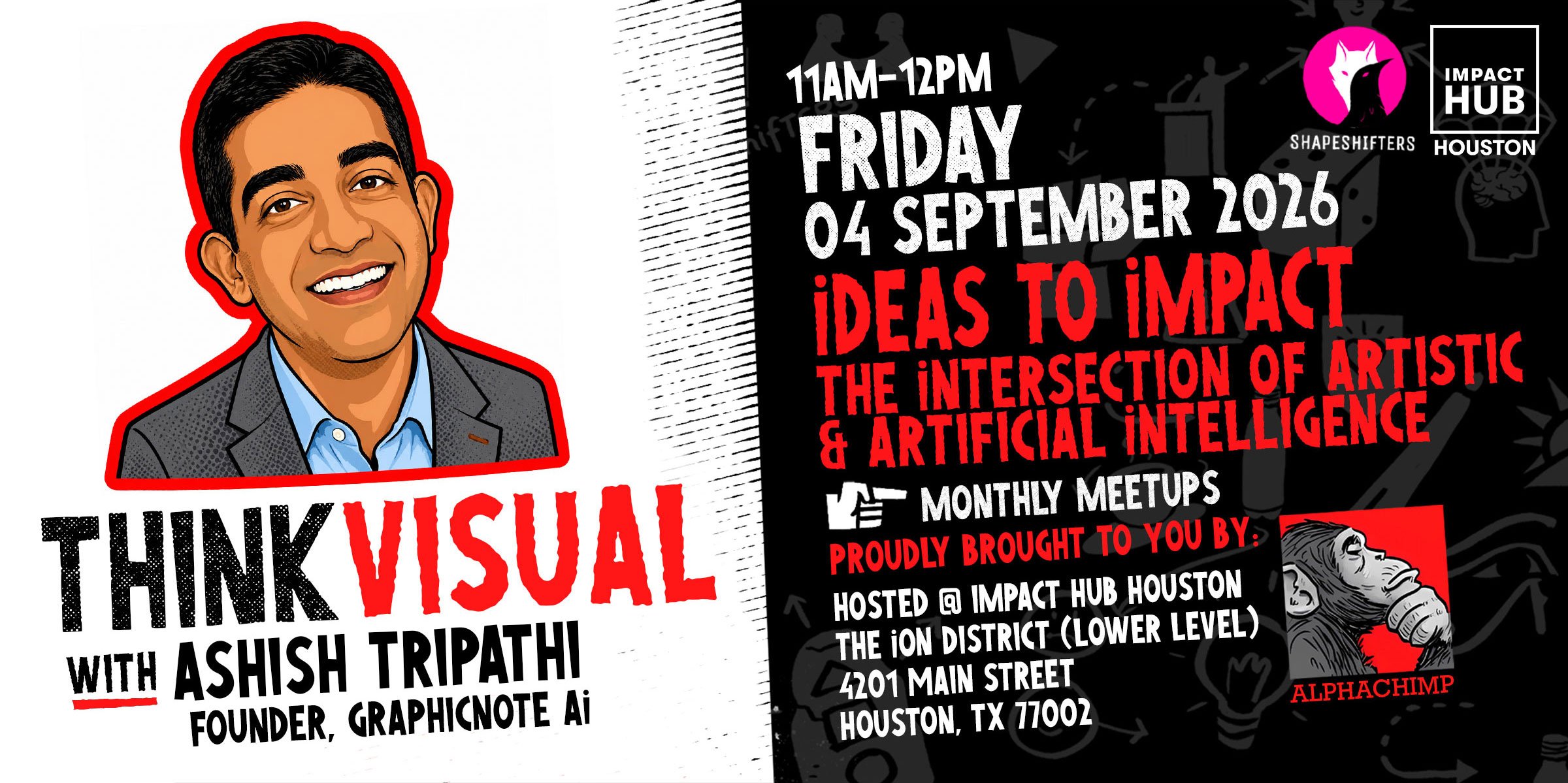 Illustrated banner for Think Visual Houston Meetup with Ashish Tripathi