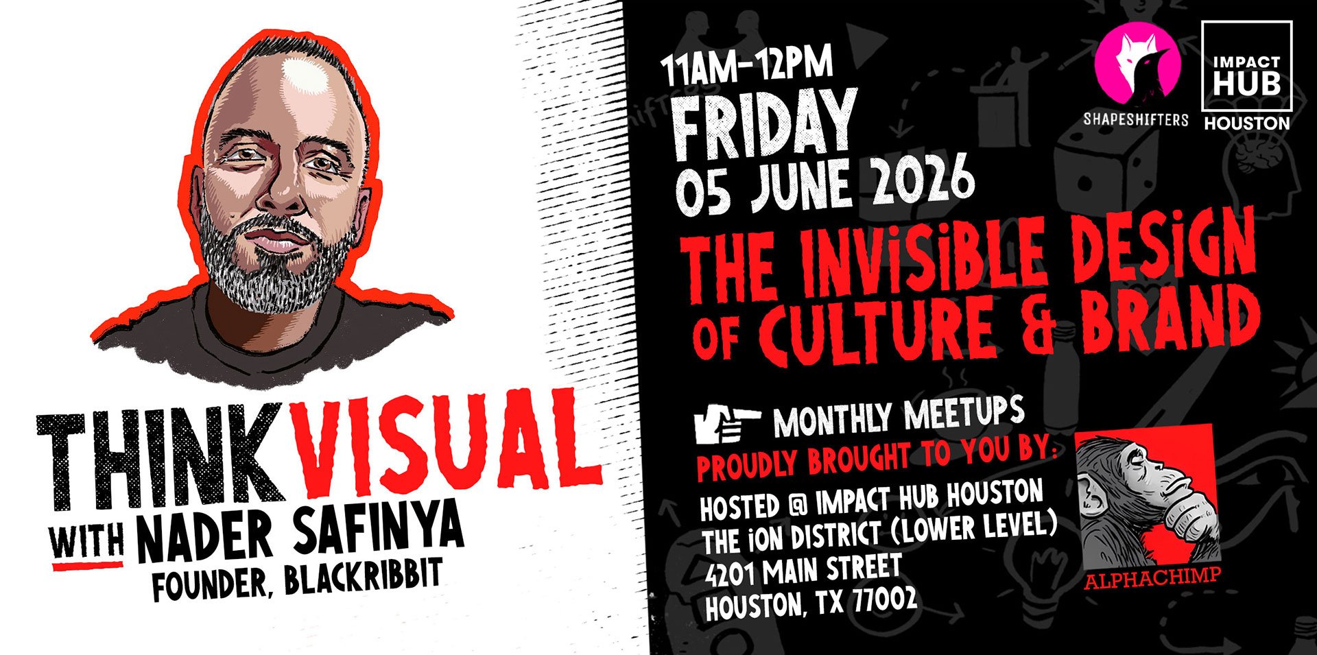 Banner for the June 2026 Think Visual Houston Meetup with Nader Safinya