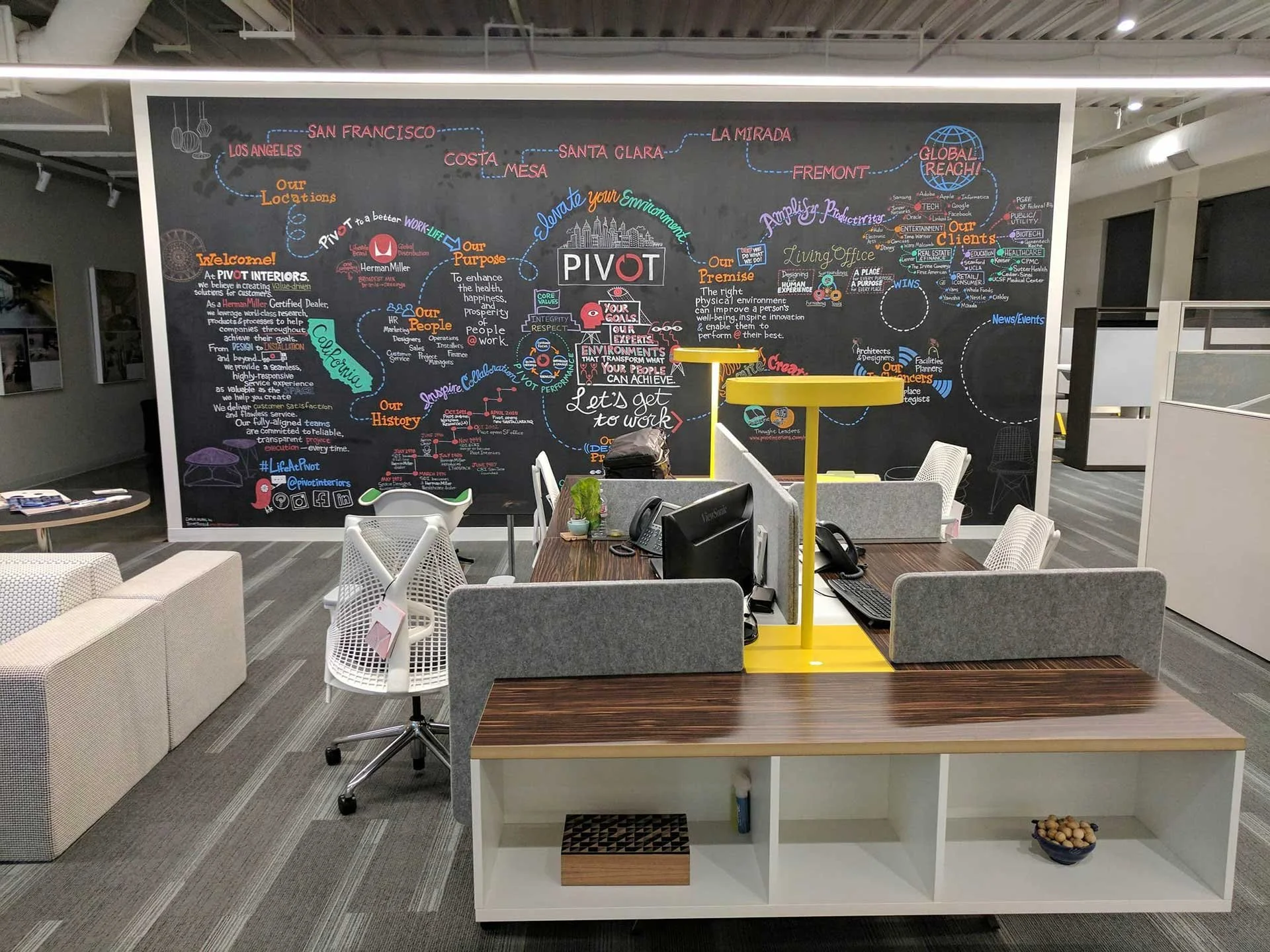 The final chalk wall for Pivot Interiors. For 50 years, companies have trusted Pivot in Santa Clara, California for workplace strategy to facility management.