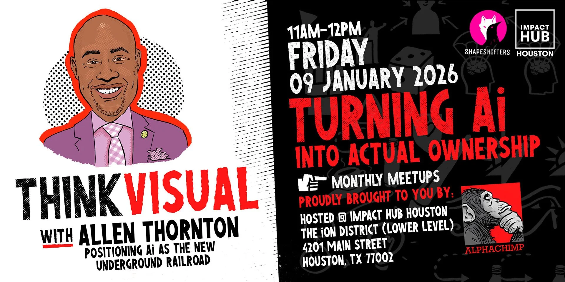 An illustrated banner for the THink Visual Houston Meetup with Allen Thornton