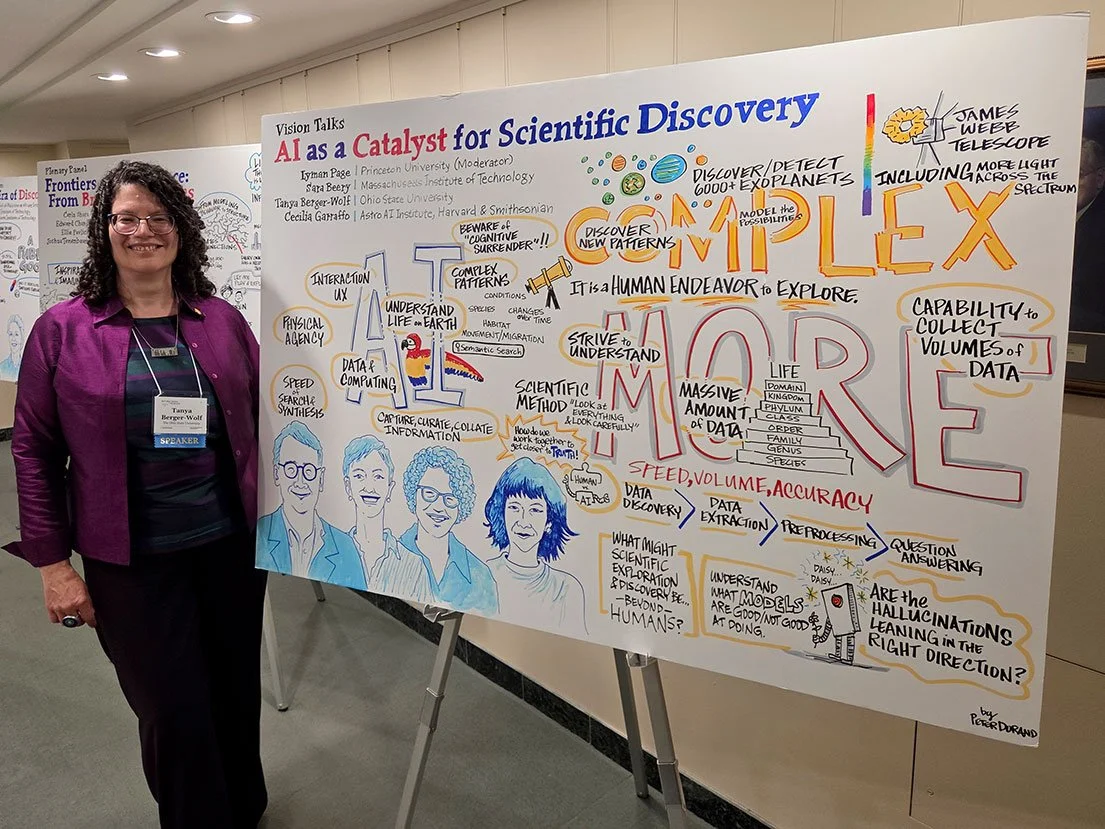 Tanya Berger-Wolf poses with the visual notes from her panel discussion on “AI as a Catalyst for Scientific Discovery”